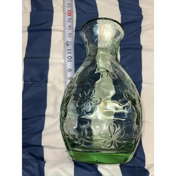 Vintage Green Recycled Glass Daisy Embossed Bottle - Beautiful Heavy Piece! 13”